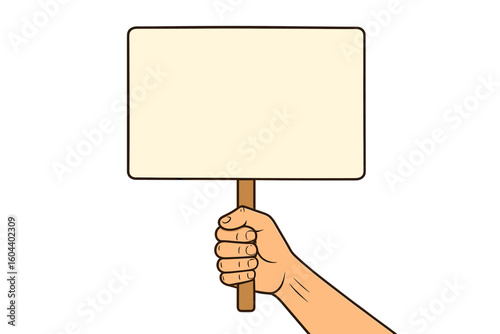 Human hand holding empty placard for banner design. Concept for protest, political revolution, demonstrate, billboard, poster, street demonstration, struggle, activism, picket.