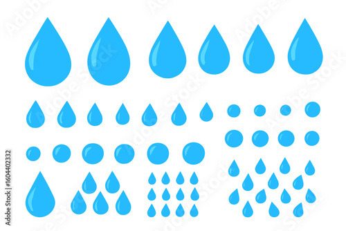 Water drop vector icon set. Blue liquid droplet illustration collection. Rain, tear, splash, and aqua graphic design elements. Pure, clean, fresh nature concept.
