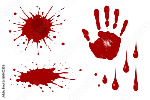 Red blood splatter vector collection. Realistic splash, drops, and a bloody handprint. Horror, crime scene, murder, and Halloween design elements. Isolated terror stains.