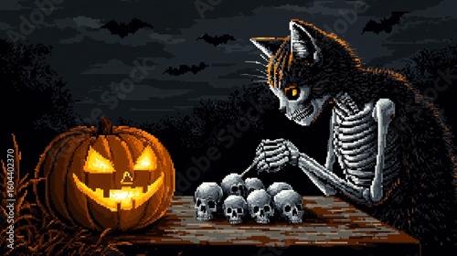 A vintage, gritty illustration of a skeleton sitting at a rustic wooden table, meticulously polishing a collection of antique silver skulls, with a watchful black cat perched on a nearby chair.