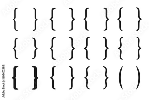 Bracket and braces vector icon set. Various styles of parenthesis symbols for design, programming, and text formatting. Punctuation graphic elements for creative projects.
