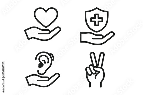 Charity and donation line icon set. Volunteer and support concept. Health care, medical protection, insurance. Disability, hearing loss, deaf aid. Peace and love symbol.