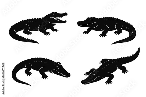 Crocodile, Alligator Vector Illustration Set. Black Silhouettes Collection of Different Species in Various Poses and Angles. Reptile icon for zoo, wildlife, nature.