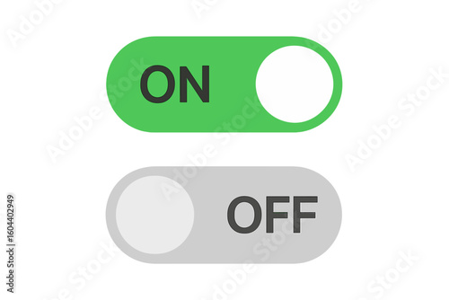 On and Off toggle switch buttons for modern device user interface. Power button vector flat design icon for app or website template. Enable and disable control element set.