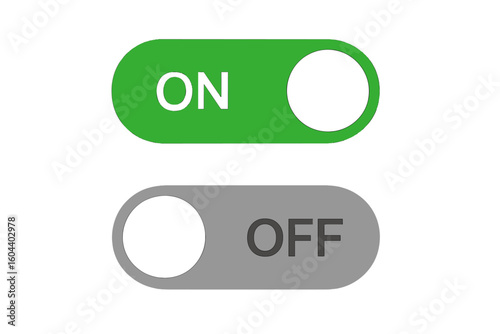 On and Off toggle switch buttons. Modern user interface element for app and web design. Vector icon for power, activation, and status. Flat design slider for settings.