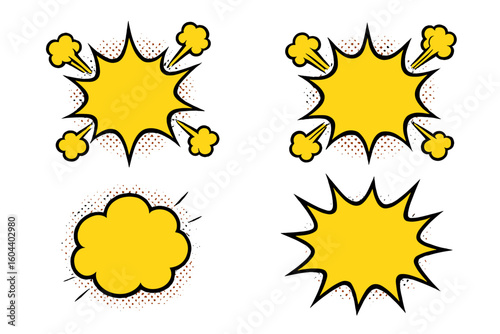 Comic speech bubbles and explosion set. Pop art cartoon style vector illustration. Retro boom, bang flash shapes for superhero comics, advertising and promotion design.