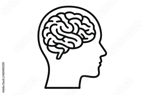 Brain icon vector neuroscience outline. Mind illustration in human head profile. Mental health, psychology and neurology concept. Symbol of thinking and intelligence.