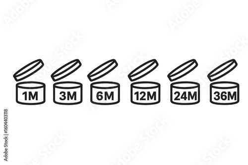 PAO vector icon set. Period After Opening symbols collection for cosmetics packaging. Skincare product label sign. Useful lifetime, best before. 1, 3, 6, 12, 24, 36 months.