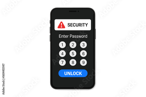 Smartphone security password. Personal access authorization and protection technology. Unlocked mobile phone notification button. Cybersecurity concept, login screen with PIN code.