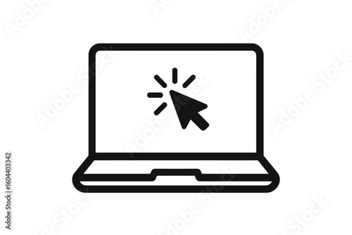 Laptop icon with click cursor on screen. Computer notebook with pointer arrow symbol. Online web internet technology concept. Digital device for browsing or work vector.