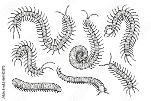 Centipede and millipede vector sketch set. Hand drawn insect line art collection. Creepy crawlers arthropod illustration. Detailed entomology and zoology animal design.
