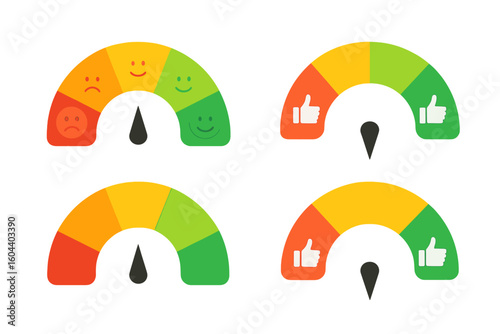 Set of emotions scales for customer feedback. Rating meter with smiley faces and like or dislike icons. Customer service satisfaction score. Quality measurement concept icon.