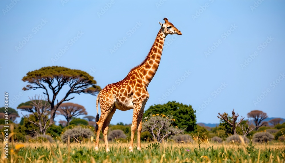 Obraz premium a serene savanna landscape with a giraffe as the central figure. the giraffe stands prominently in the foreground against a backdrop of open grassland, with trees and shrubs scattered around it