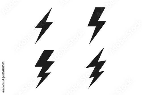 Lightning Bolt Icon Set — 4 Dynamic Electric Thunderbolt Symbols, Power Flash Vector Illustrations, Striking Energy and Electricity Concept Designs, Storm Force Graphic Elements