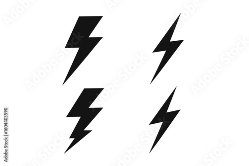 Set of 4 lightning bolt vector icons. Electrical power and energy symbols. Dynamic flash illustrations for thunder and electricity concepts. Striking bolt graphics design.