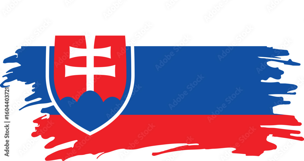 Fototapeta premium grunge style brush painted flag of slovakia with white blue red stripes and national coat of arms emblem