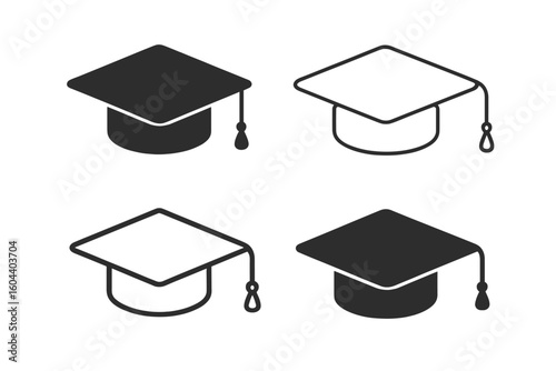 Graduation cap vector icon set. Mortarboard academic hat symbol. University, college, school education concept. Student degree ceremony illustration. Isolated flat design.