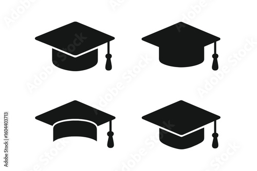 Graduation cap icon set. Academic achievement symbol. Education milestone. Black mortarboard silhouettes isolated. University, college degree ceremony vector logo element design.