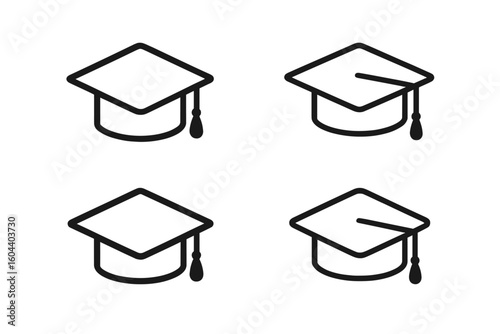 Graduation cap vector icon set. Academic education symbol illustration for university, college, or school degree ceremony. Mortarboard hat isolated line art design element.