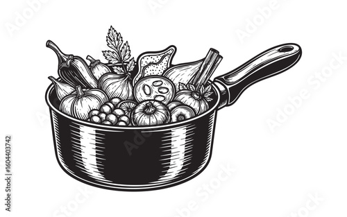 Food cooking ingredients in saucepan woodcut engraving vector illustration