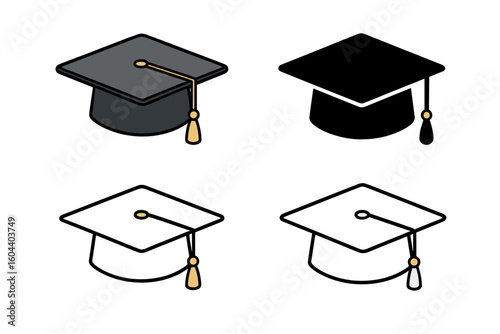 Isometric graduation cap vector icon set. Academic mortarboard hat with tassel for university or college degree. Education and learning symbol for graduation ceremony.