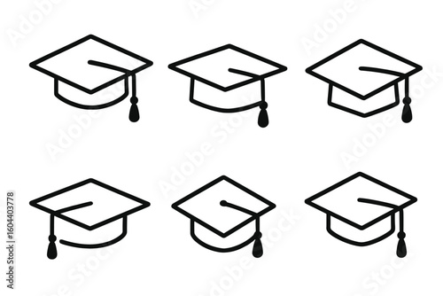 Graduation cap vector icon set. Black and white mortarboard illustration collection. Academic hat symbol for university, college, or school ceremony and commencement.