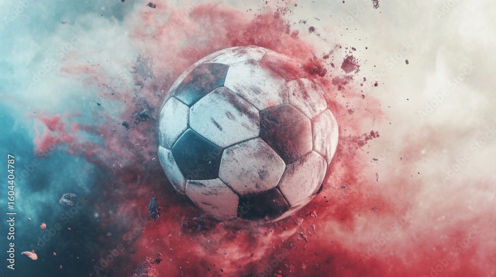 Fototapeta premium Dynamic Soccer Ball Explosion with Splashes of Vibrant Color and Textured Effect