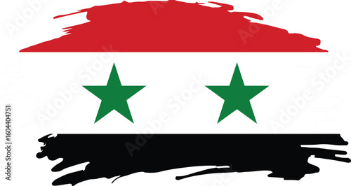 grunge style brush painted flag of syria with horizontal red white black stripes and two green stars emblem

