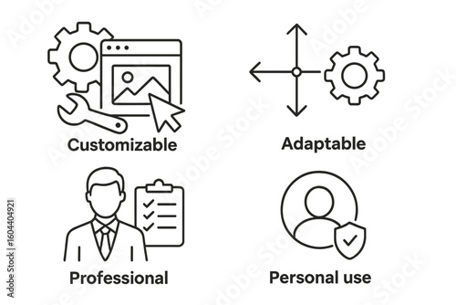 Set of linear icons. Customizable website builder, adaptable settings, professional business solution, personal user account security. Vector illustration for UI/UX design.