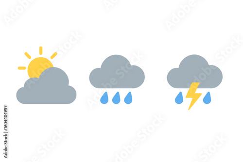Weather forecast vector icon set. Simple flat graphic symbols for meteorology and climate concepts. Includes sun, clouds, rain, and lightning for sunny, rainy, stormy days.
