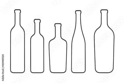 Wine bottle outline icon set. Collection of various glass bottle shapes for alcohol, wine, and drinks. Vector line art illustration for bar menu, winery, or restaurant design.