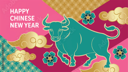 A vibrant Chinese New Year greeting card design with a turquoise bull as the central figure against a geometric background.  