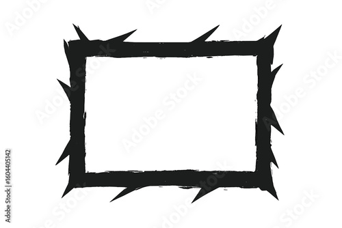 Spiky border vector. Grunge frame with jagged, sharp thorns. Irregular, angular shape for horror or heavy metal design. Distressed brush stroke texture illustration.