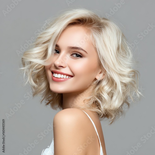 Hair care and hair styling Smiling woman with blonde curly hair.