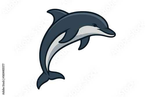 Dolphin vector illustration. Jumping cartoon marine mammal mascot. Aquatic animal icon for logo design. Sea life creature symbol. Happy ocean wildlife character design.