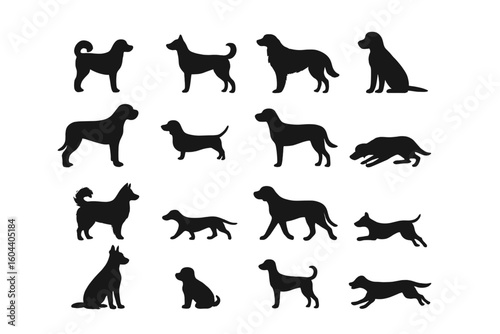 Dog silhouettes vector set. Big collection of various canine breeds in different poses. Black pet animal flat icons. Puppy shape clipart isolated on white background graphic.