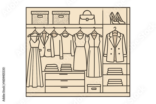 Elegant open wardrobe with organized clothes on hangers. Vector illustration of a modern walk-in closet or boutique interior. Fashion apparel storage and home organization concept.