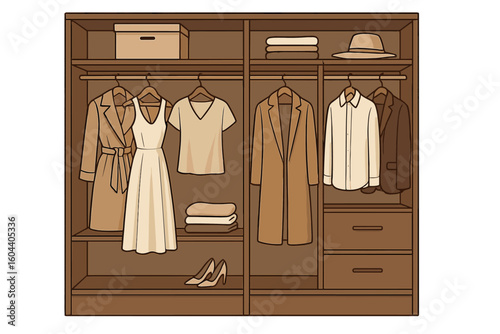 Open wardrobe with neatly organized clothes. Capsule wardrobe concept with elegant apparel. Closet organization and storage system. Home interior furniture vector illustration.