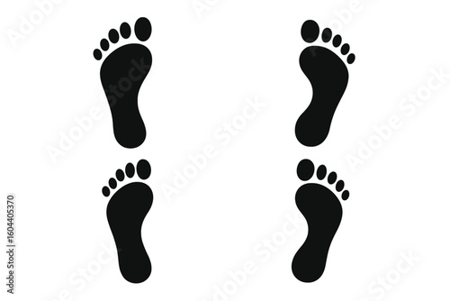Human footprint silhouette vector icon set. Barefoot adult and child feet print marks. Black abstract shape of a step. Concept for walking, trail, path, family, journey.