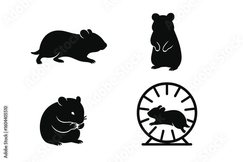Hamster silhouette vector icon set. Collection of black domestic pet rodent illustrations. Includes hamsters running, standing, and on a wheel for exercise concept.