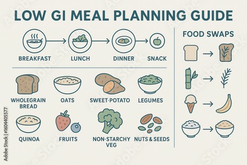 low glycemic diet planning. fruits for diabetic patients. Guide illustrating low glycemic index meal planning with suggested foods