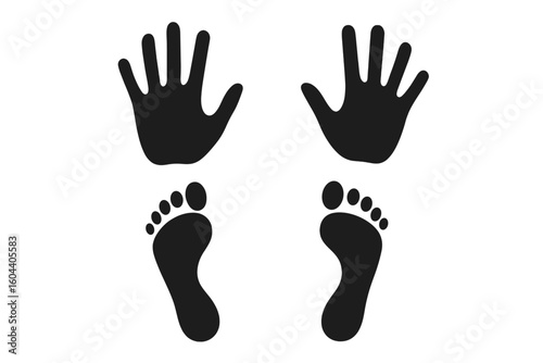 Hand and foot print silhouette set. Human handprint and footprint vector illustration. Black icon of palm and sole trace. Body part symbol for creative design concepts.