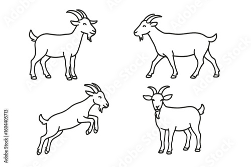 Goat outline collection. Various poses: standing, walking, jumping. Simple animal line art icon set. Farm livestock character mascot. Vector illustration for logo design.