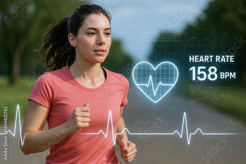 A preventive heart check helps detect issues early and reduce risk. A young woman jogging outdoors alongside a heart and heartbeat graphic.