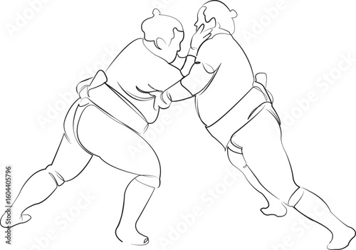 One continuous line drawing on white isolated background. Minimalism linear illustration. sport, man, competition, strength, wrestling, athlete, overweight, tradition, two people, japan