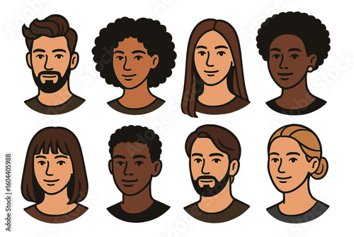 Diverse people faces vector icon set. Multicultural men and women portraits collection. Character creator, avatar design elements. Different hairstyles, and ethnicity.