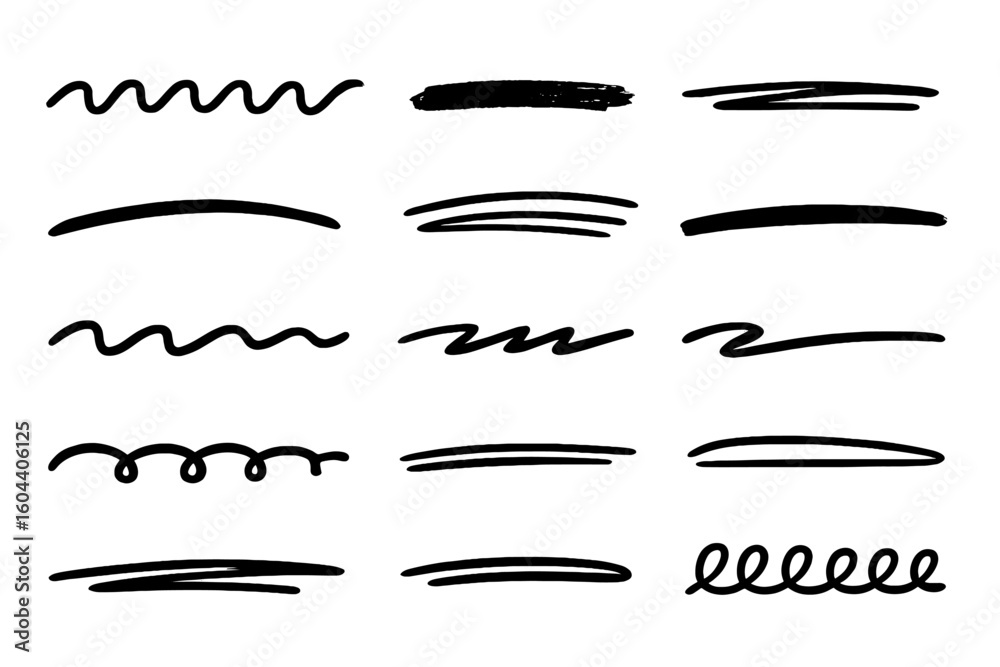 Hand drawn underline set. Marker brush strokes collection. Scribble doodle lines for text highlight. Black ink sketch dividers. Abstract graphic design elements.