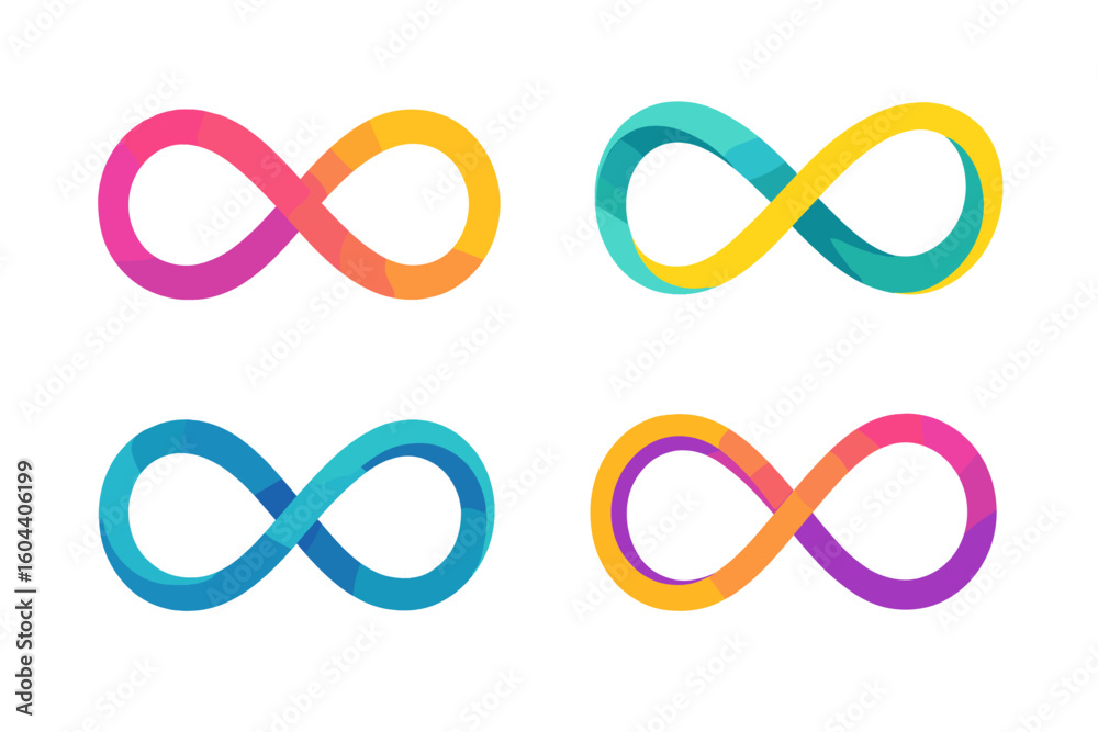 Infinity symbol vector set with colorful gradient designs. Abstract endless loop icons in unique styles. Limitless eternity sign for logo or modern graphic element design.