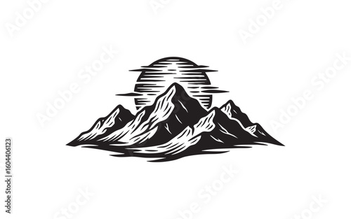 mountain with sun logo woodcut engraving vector illustration