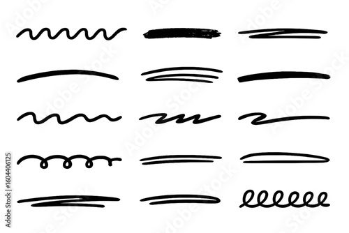 Hand drawn underline set. Marker brush strokes collection. Scribble doodle lines for text highlight. Black ink sketch dividers. Abstract graphic design elements.